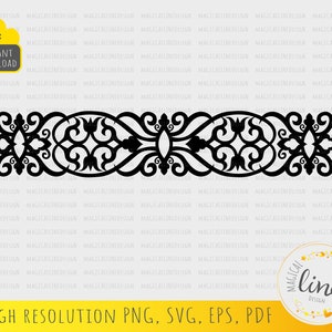 May include: Black and white decorative border design with intricate floral patterns. The design is symmetrical and features a repeating pattern of leaves, flowers, and swirls.
