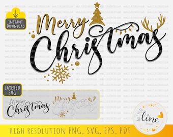 Feliz Navidad SVG: Diseño de árbol con copos de nieve (Descarga digital)