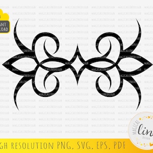 May include: Black and white intricate design with a floral motif. The design is symmetrical and has a repeating pattern of swirls and curves. It is a digital download for crafting projects.
