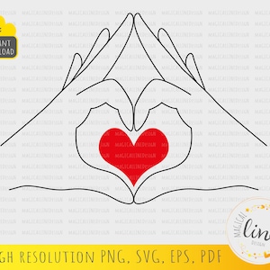 May include: A black line drawing of two hands forming a heart shape with a red heart inside. The hands are outlined in black and the heart is filled in with a solid red color.