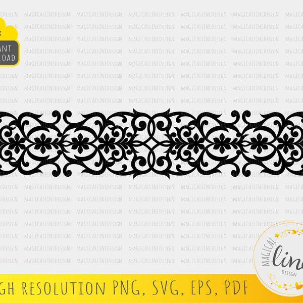 Floral Damask Border Svg, Seamless Tooled Leather Pattern, Ornament Cutting Template, Vector Lace stencil, Paper Cut File eps, Wall Art dxf