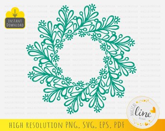 May include: Teal blue floral wreath with a circular frame. The wreath is made of stylized leaves and flowers.