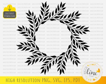 May include: Black and white silhouette of a wreath made of leaves. The wreath is circular and has a simple design. The image is suitable for use in crafting projects, scrapbooking, or digital design.