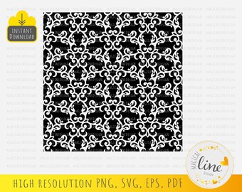 May include: A black and white seamless pattern with a repeating design of intricate swirls and loops. The pattern is perfect for use in crafting, scrapbooking, and other creative projects.
