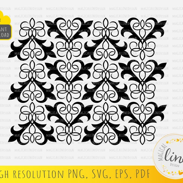 Victorian Pattern Svg, Damask Seamless stencil, Royalty Heart Pattern Eps, Tooled Leather, Gothic, Baroque Wall Art Dxf, Silhouette Cricut