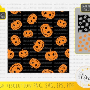 May include: A seamless pattern featuring orange jack-o'-lantern faces on a black background. The pattern is available in high resolution PNG, SVG, EPS, and PDF formats.