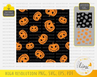 Pumpkin Face Seamless Pattern, Halloween Vector Graphics (Digital Download)