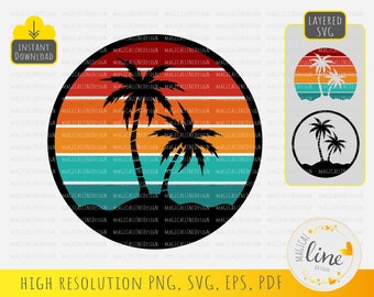 Arquivo de corte SVG retrô com pôr do sol de palmeiras, perfeito para férias (download digital)