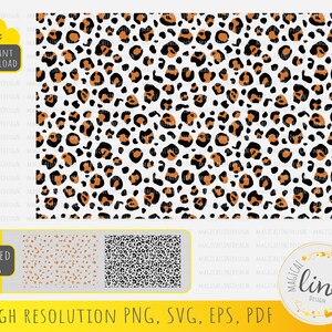 May include: A seamless pattern featuring a leopard print design with black, orange, and white spots on a white background. The pattern is perfect for crafting projects, fabric, and digital designs.