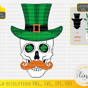 Crânio do Dia de São Patrício Svg, Crânio de açúcar irlandês Svg, Crânio com bigode Svg, Crânio de duende svg, Trevo e esqueleto, Silhueta de Cricut