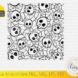 Bow Skull Spider Web Seamless Pattern Svg, Cute Skull Eps, Cartoon Skeleton Vector, Cricut Silhouette