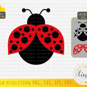 May include: A red and black ladybug with white spots. The ladybug is in a layered SVG format, which means it can be cut out and layered to create a 3D effect.