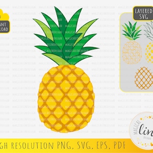 May include: A layered SVG file of a pineapple with green leaves and a yellow body. The pineapple is made up of a grid pattern. The file is available for instant download.