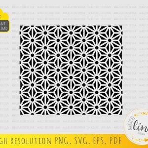 May include: Black and white geometric pattern with repeating star shapes and circles. The pattern is seamless and can be used for a variety of projects, such as fabric, wallpaper, or digital design.