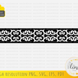 May include: A black and white decorative border design with a repeating pattern of stylized floral elements. The design is intricate and detailed, with a delicate and elegant feel.