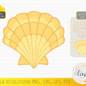 May include: A yellow seashell with a layered, watercolor-like design. The seashell is isolated on a white background. The image is labeled "Layered SVG" and "High Resolution PNG, SVG, EPS, PDF".