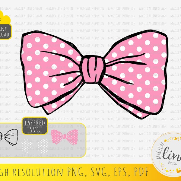 Pink Bow Svg, Polka Dot Ribbon Svg, Minnie Mouse bow png, Hand Drawn Bow Tie clipart, Birthday svg, Baby shower bow svg, Silhouette Cricut