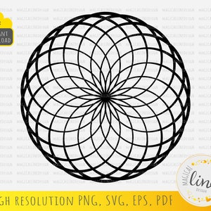 May include: Black and white geometric mandala design with a circular pattern of overlapping circles. The design is symmetrical and has a central point.