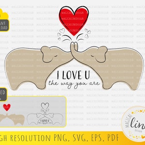 Amor de elefante Svg, Pareja de elefantes Svg, Elefantes enamorados Svg, Elefante y corazón Svg, Te amo como eres, Silueta Cricut