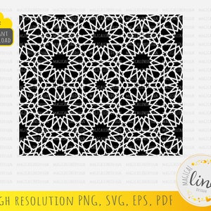 May include: A black and white geometric pattern with a repeating design of stars and circles. The pattern is seamless and can be used for a variety of projects, such as fabric, wallpaper, or digital design.