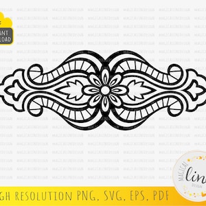 May include: Black and white decorative design with intricate swirls and a floral center. This design is perfect for crafting projects, scrapbooking, or adding a touch of elegance to any design.