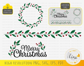 Merry Christmas Bundle Svg, Holly Christmas Wreath Svg, Christmas Border, Christmas Ornamental Stencil, Christmas decor, Silhouette Cricut