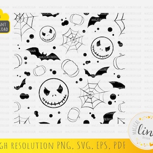Halloween Seamless Pattern, Pumpkin Face Svg, Bat Pattern Eps, Jack Face Pattern, Halloween Background, Halloween Decor, Silhouette Cricut
