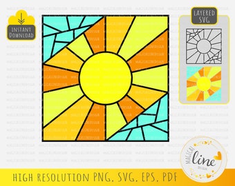 SVG de vidrieras abstractas con temática de sol, arte mural retro con temática de sol (descarga digital)
