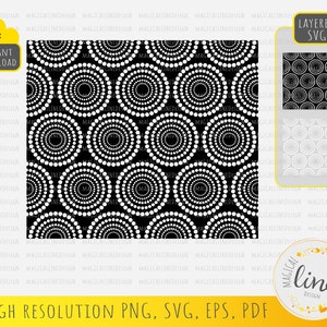 May include: Black and white seamless pattern featuring concentric circles made of small white dots. The pattern is repeated throughout the image. The image also includes a layered SVG file of the pattern.