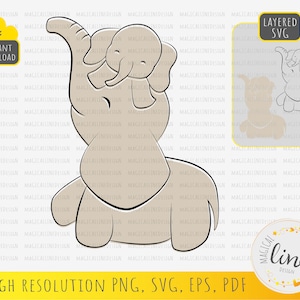 Può includere: Un file SVG a strati di un elefante dei cartoni animati che trasporta un elefante più piccolo sulla schiena. Gli elefanti sono contornati di nero e riempiti con un colore marrone chiaro.