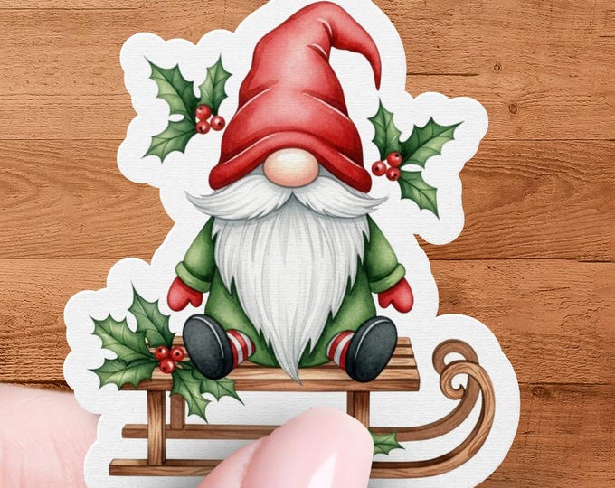 Glossy Christmas Gnome Sticker with Sled and Holly Die Cut