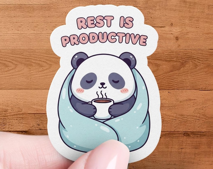 Cozy Panda Rest Is Productive Sticker - Animal Laptop Planner Decal Gift for Relaxation Lovers