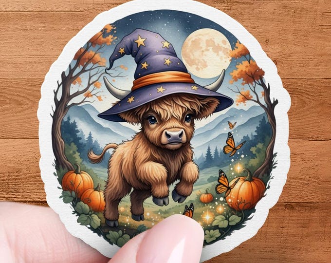 Halloween Highland Cow Die Cut Sticker: Witch Hat, Pumpkin and Moon Illustration