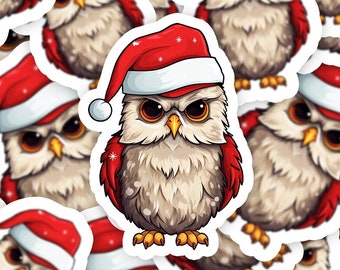 Adorable Owl Christmas Sticker - Festive Hat Owl Decal for Laptops & Journals, Cute Holiday Owl Vinyl Stickers, Perfect Gift