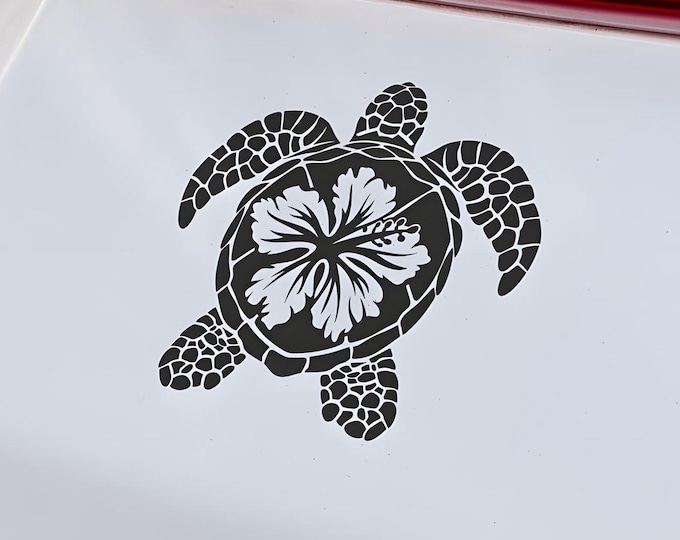 Tropical Hibiscus Turtle Vinyl Decal – Durable Weather-Resistant Ocean Floral Sticker for Cars, Walls & Windows