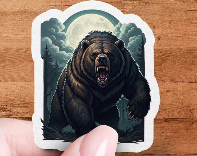 Roaring Bear Vinyl-Sticker Glossy Die-Cut Wildlife Moon-Illustration Animal Art-Forest-Nature Gift Laptop Water Bottle Dark