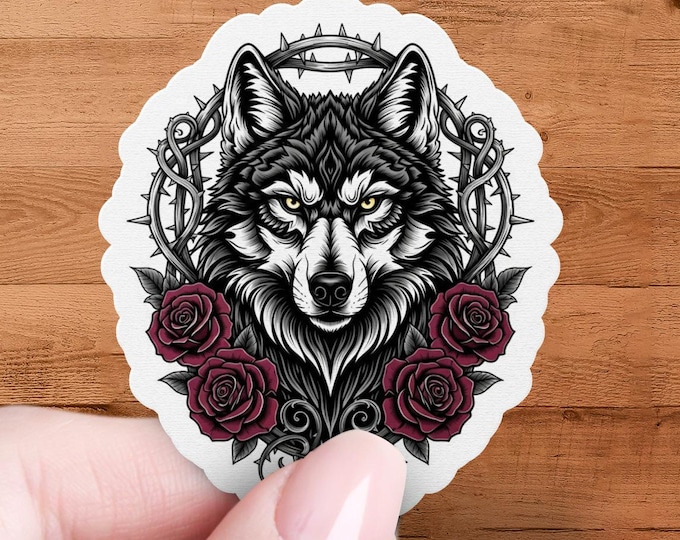 Wolf Roses Sticker Gothic-Floral-Animal Decal Laptop Water Bottle Tattoo Art Dark Edgy Unique Design