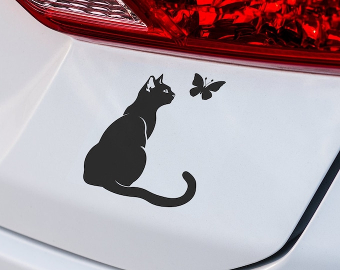 Cat and Butterfly Vinyl Decal: Animal-Themed Car Sticker