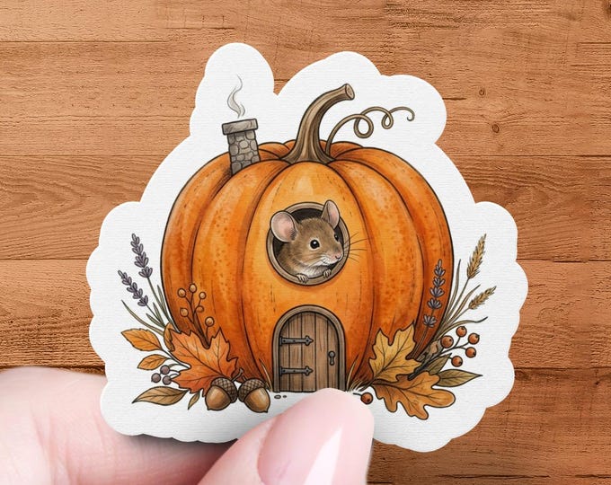 Glossy Vinyl Mouse Pumpkin House Sticker, Autumn Woodland Die Cut Decal
