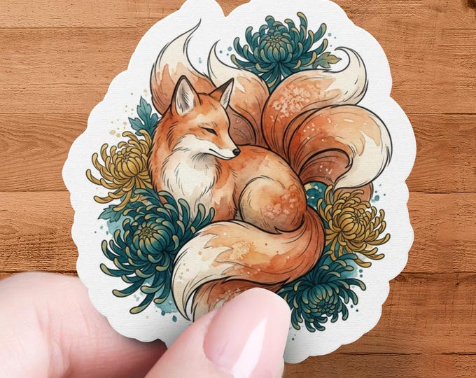 Kitsune Fox Glossy Vinyl Sticker, Botanical Japanese Folklore Die Cut Decal