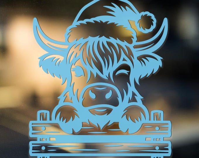 Christmas Highland Cow Vinyl Decal, Glossy Santa Hat Rustic Farmhouse Sticker