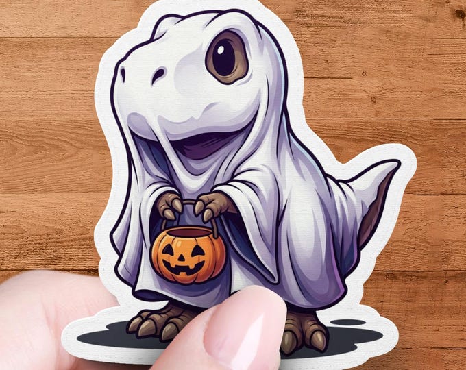 Ghost Raptor Halloween Sticker: Dinosaur Costume with Pumpkin Candy Bucket