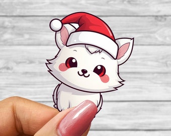 Adorable Kawaii Arctic Fox with Tiny Santa Hat - Holiday Decorative Sticker for Planners, Journals, and More