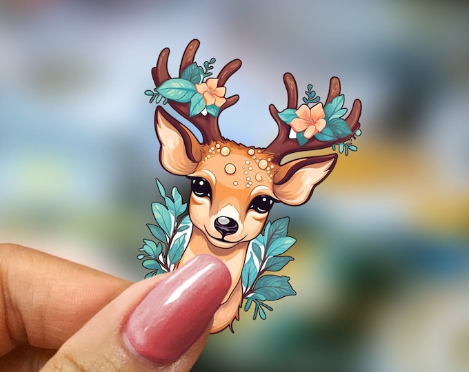 Rustic Deer Christmas Sticker: Green Leaves, Holiday Decor