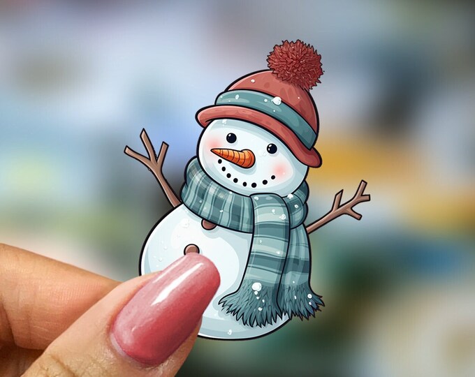 Cute Cartoon Snowman Sticker with Red Woolly Hat & Green Scarf – Perfect Christmas Gift or Holiday Decor