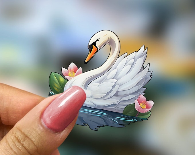 Elegant White Swan Sticker: Serene Lake, Lily Pads