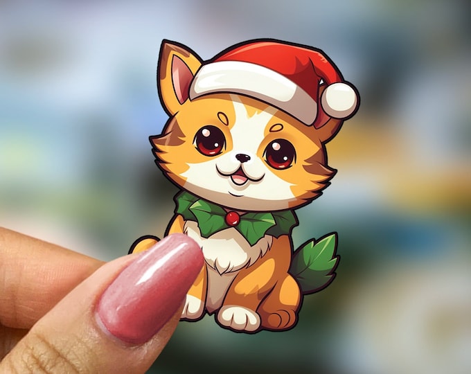 Festive Orange Cat Christmas Sticker: Holiday Vinyl Decal