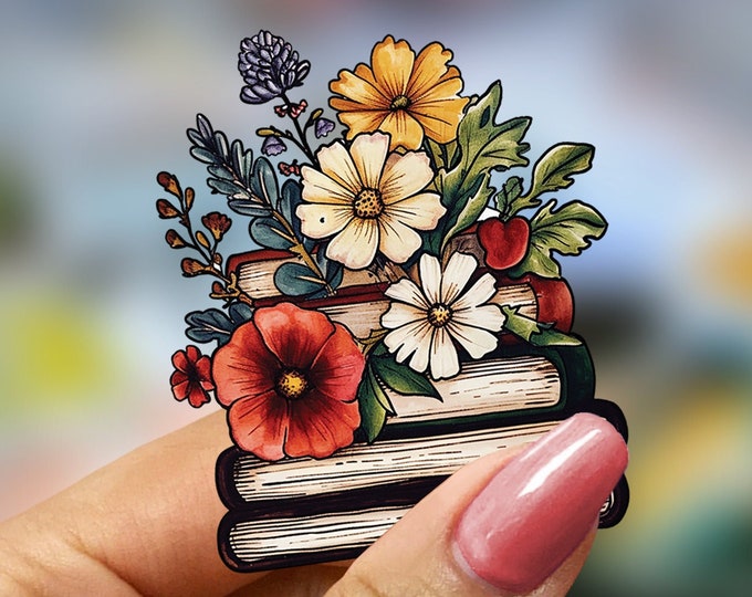 Floral Watercolor Sticker: Books Bouquet Decal, Botanical Stationery