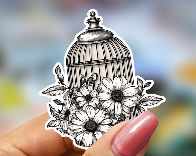 Vintage Bird Cage, Black and White Sticker, Floral Design, Nature Inspired, Home Decor, Artistic, Botanical, Wall Decal, Unique, Elegant