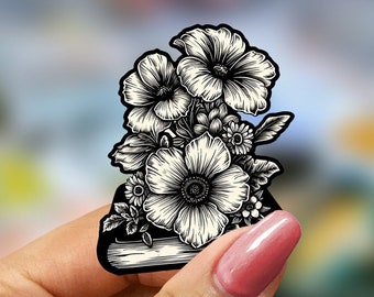 Vintage Book Sticker, Floral Black White Decor, Retro Notebook Decal, Antique Style, Botanical Art, Classic Reading Accessory, Monochrome